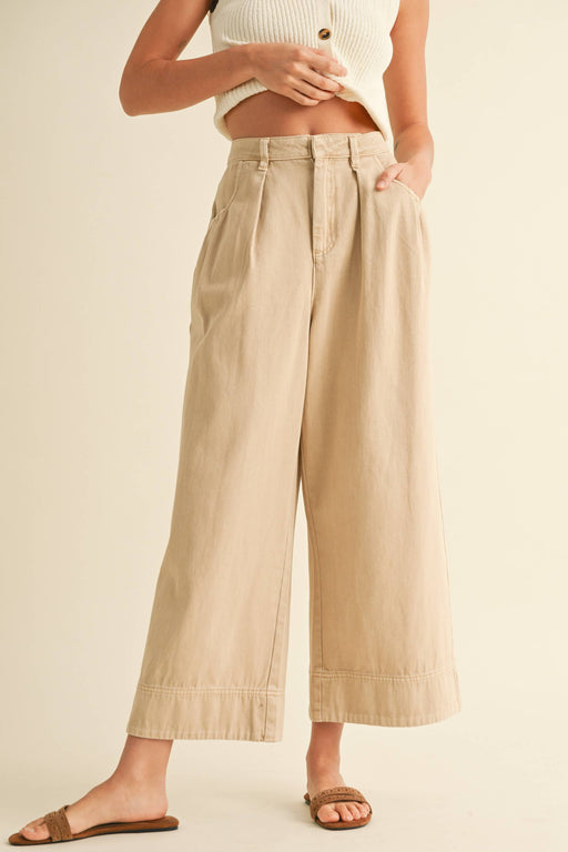 Beige Loose Fit Pleated Cotton Pants