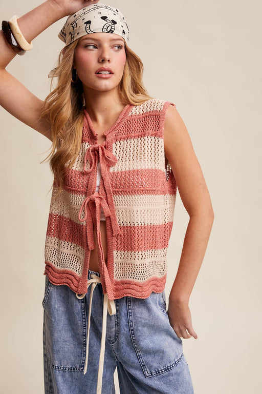 Coral Red Striped Crochet Tie-Front Knit Vest