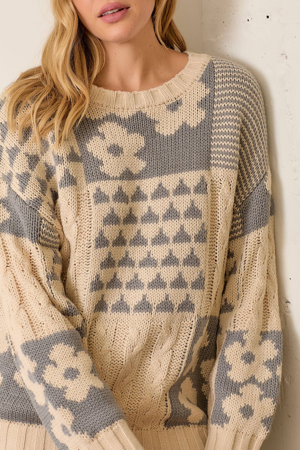 Plus Cream & Grey Jacquard Pullover Sweater