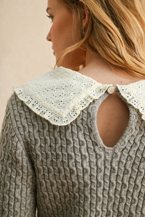 Grey Cable Knit With Crochet Collar