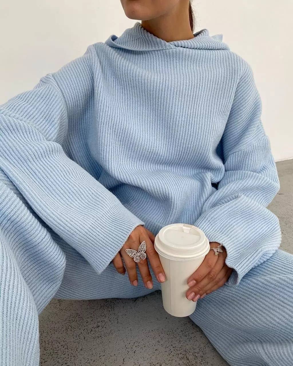Blue Solid Color Sweater Set