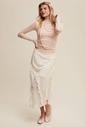 Semi Sheer Textured Lace Long-Sleeve Layering Top