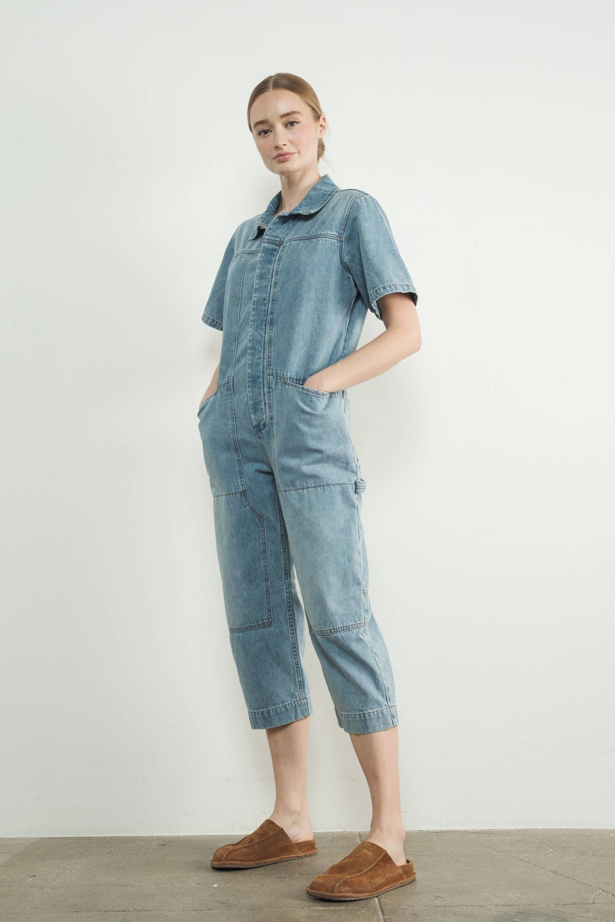 Light Wash Denim Collared Jumpsuit