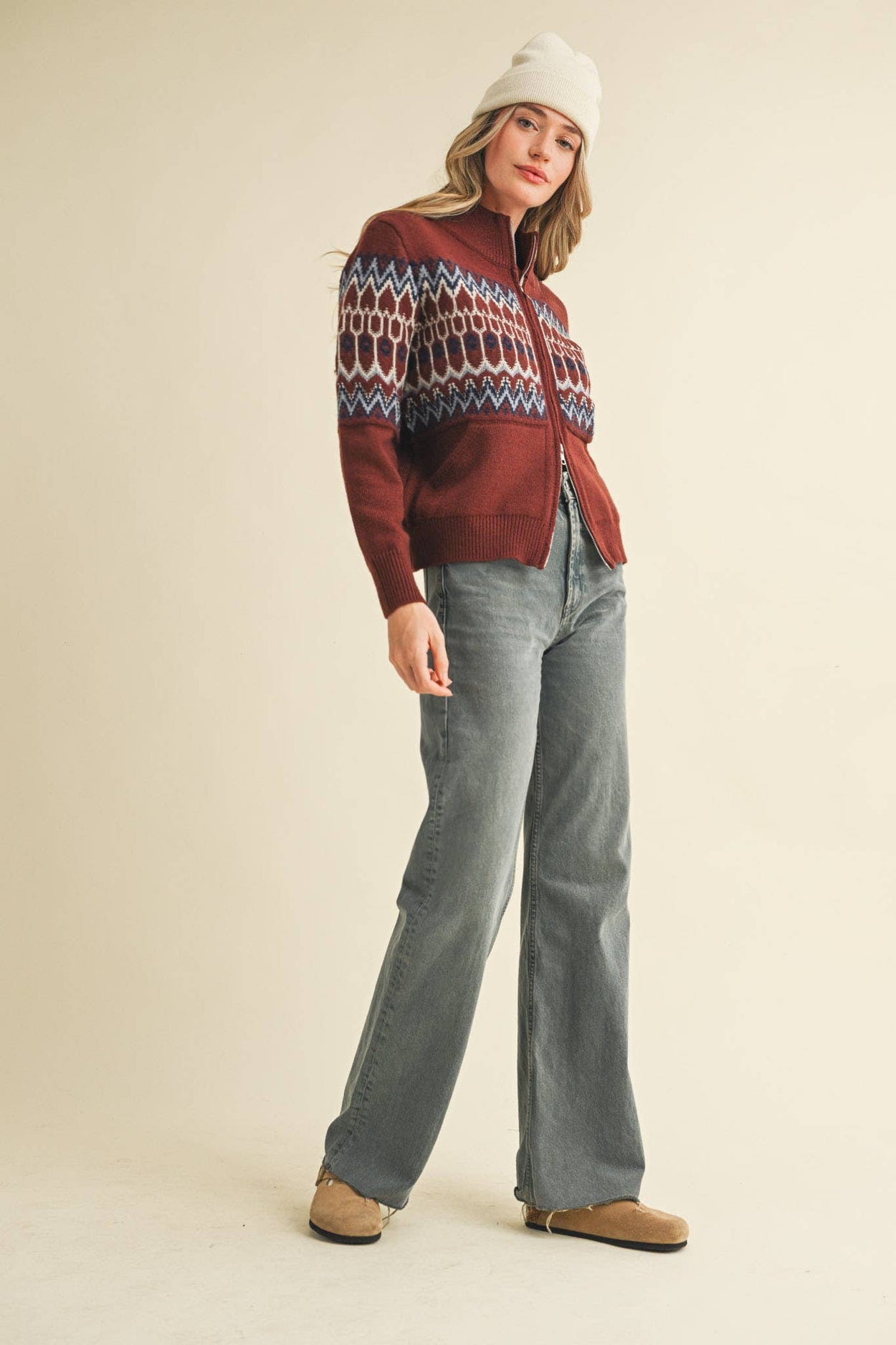 Cocoa Brown Fair Isle Zip Up Sweater