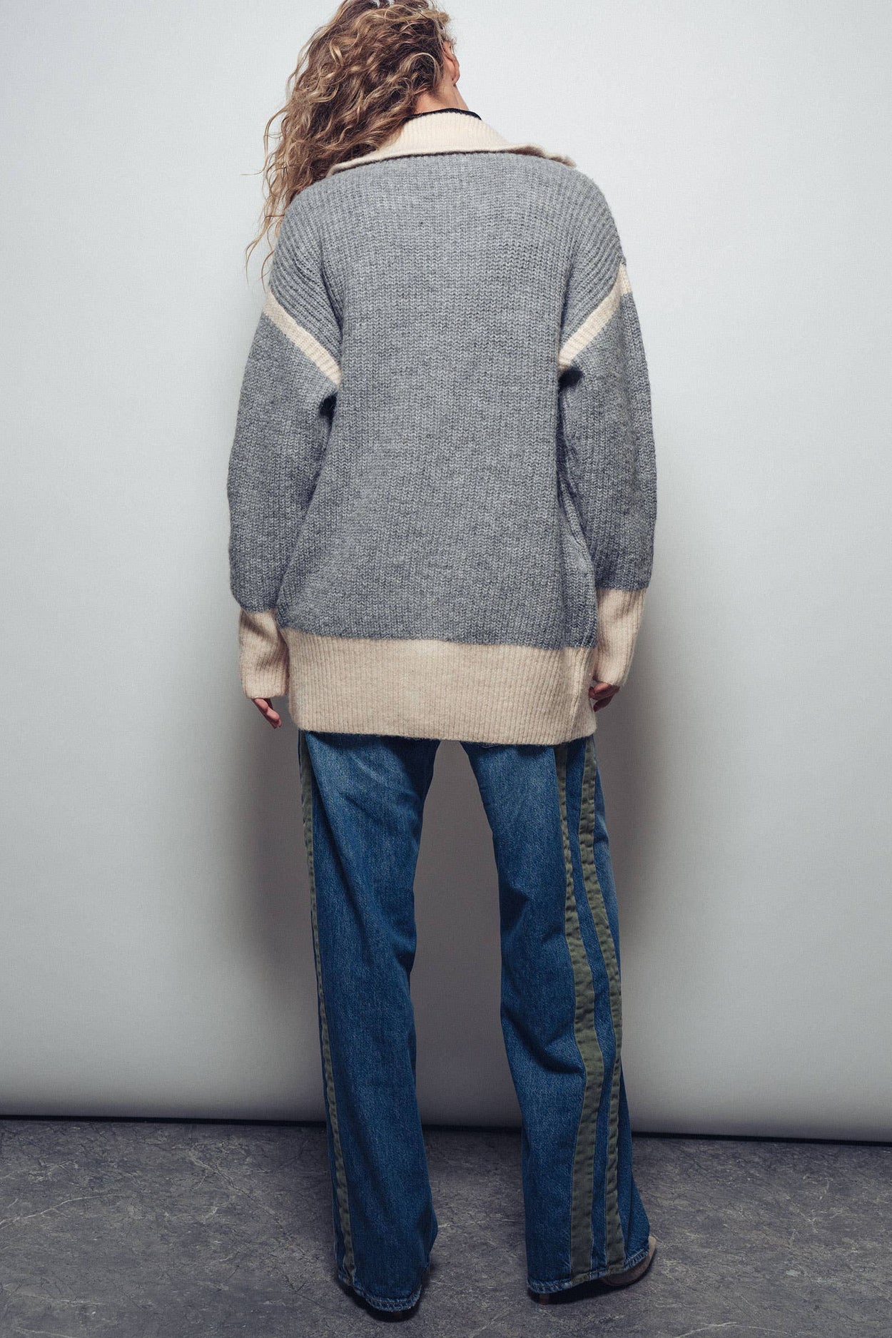 Grey Contrast Trim Collared Sweater Cardigan