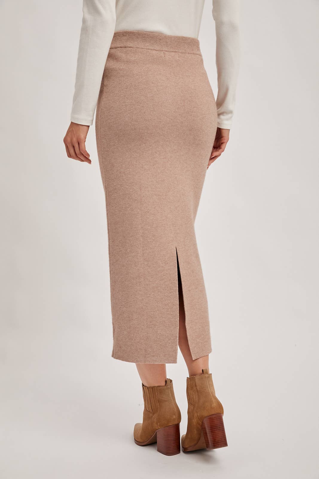 Latte Ribbed Knit Midi Skirt