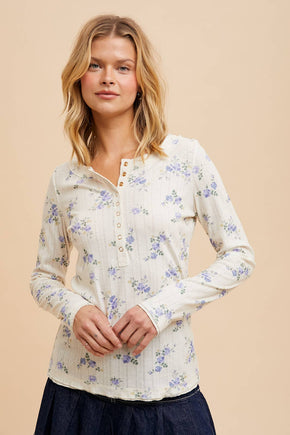White & Blue Floral Henley Snap Long Sleeve Top