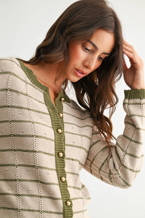 Taupe & Olive Trim Button-Up Cardigan