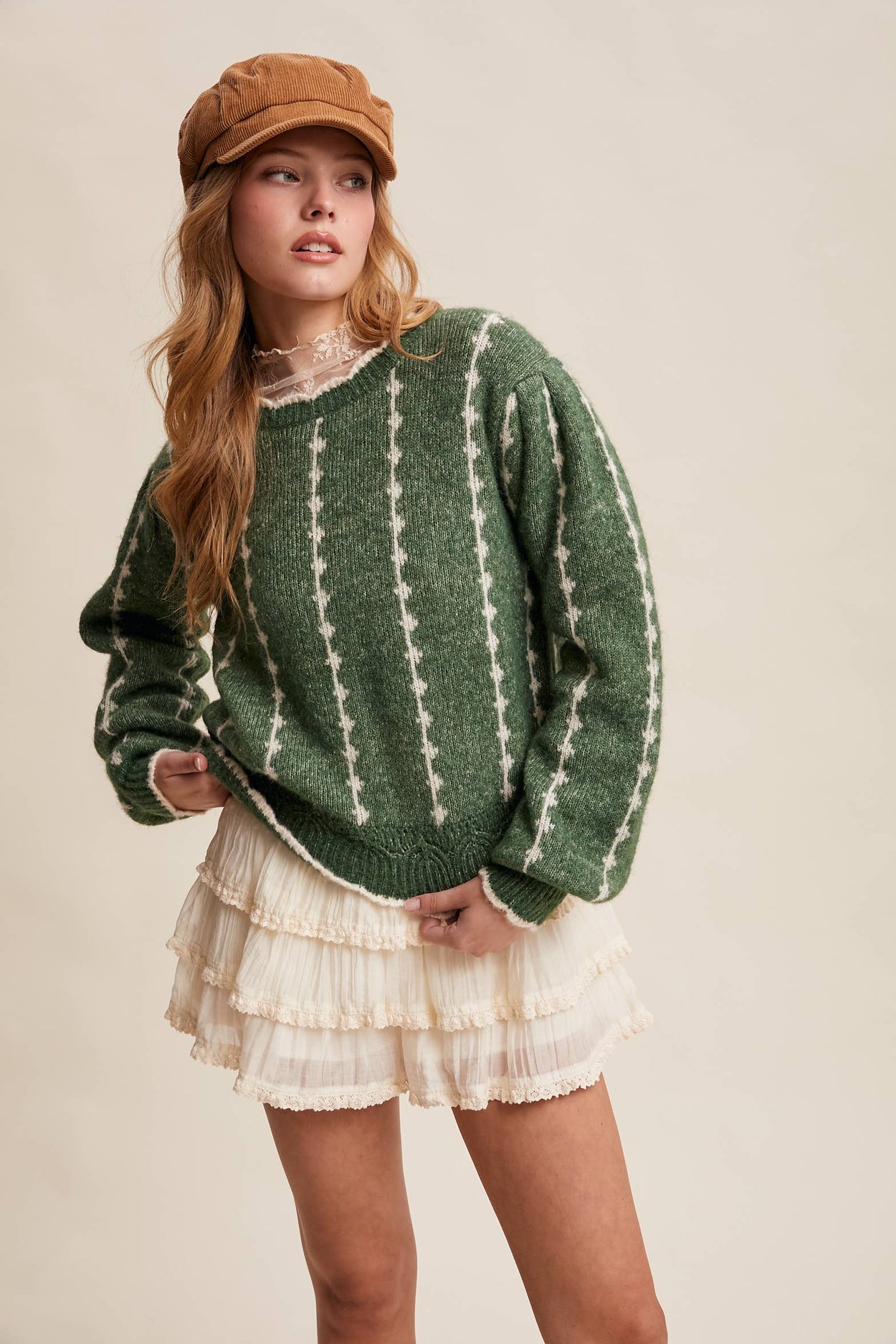 Green Textured Jacquard Knit Crew Sweater