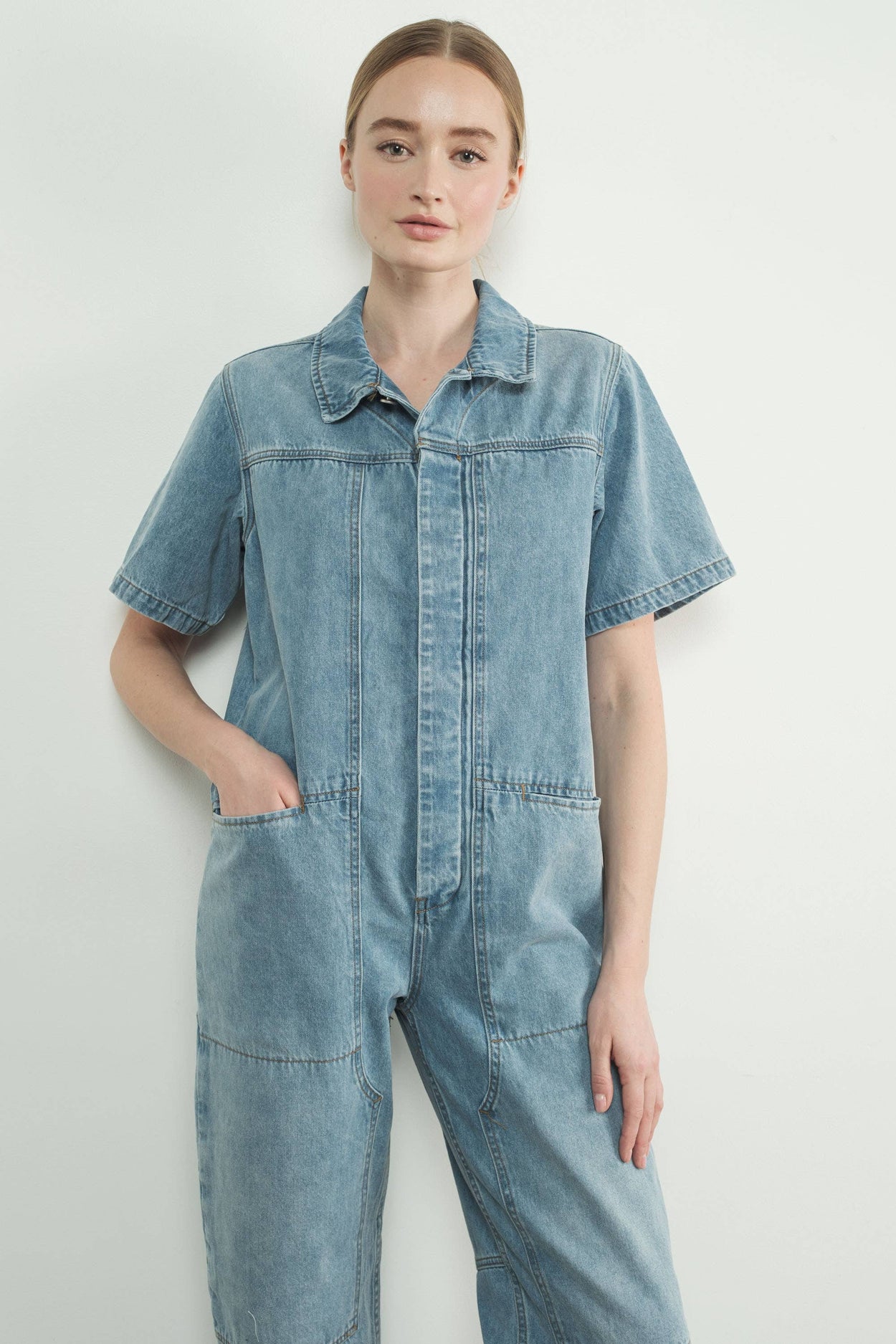 Light Wash Denim Collared Jumpsuit