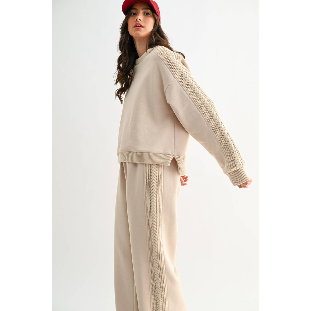 Beige Cable Knit Trim Bottoms