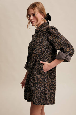 Charcoal Leopard Denim Shirt Dress