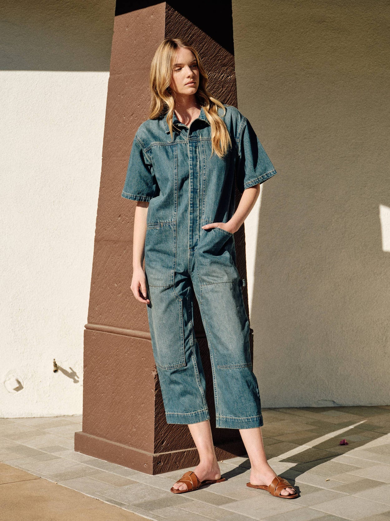 Light Wash Denim Collared Jumpsuit