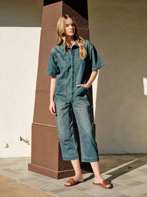 Light Wash Denim Collared Jumpsuit