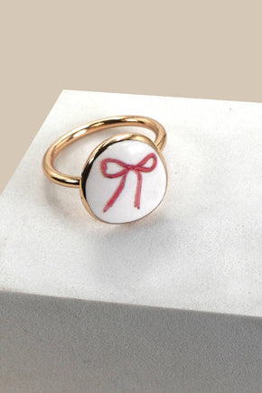 Porcelain Gold Edged Bow Charm Ring