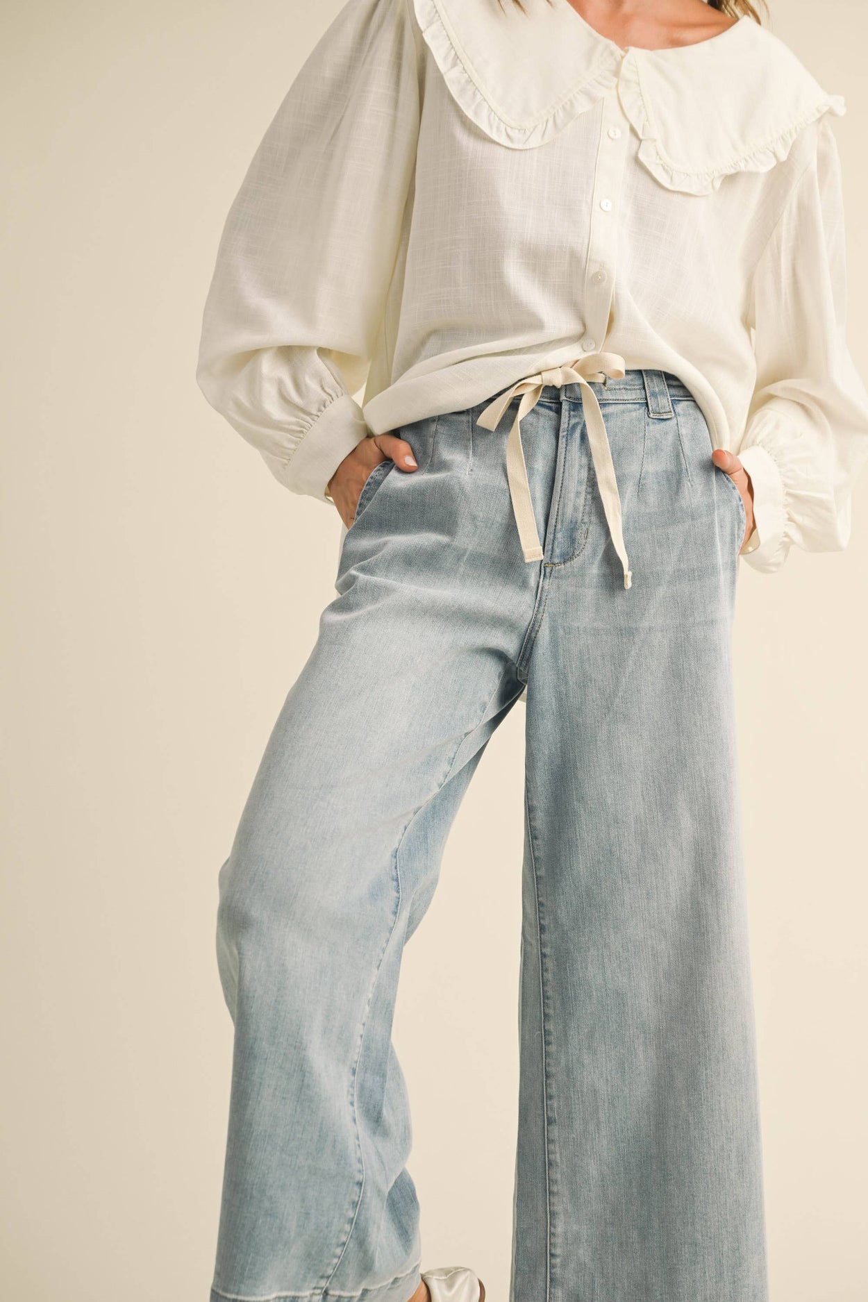 Denim Washed Tie Front Pants