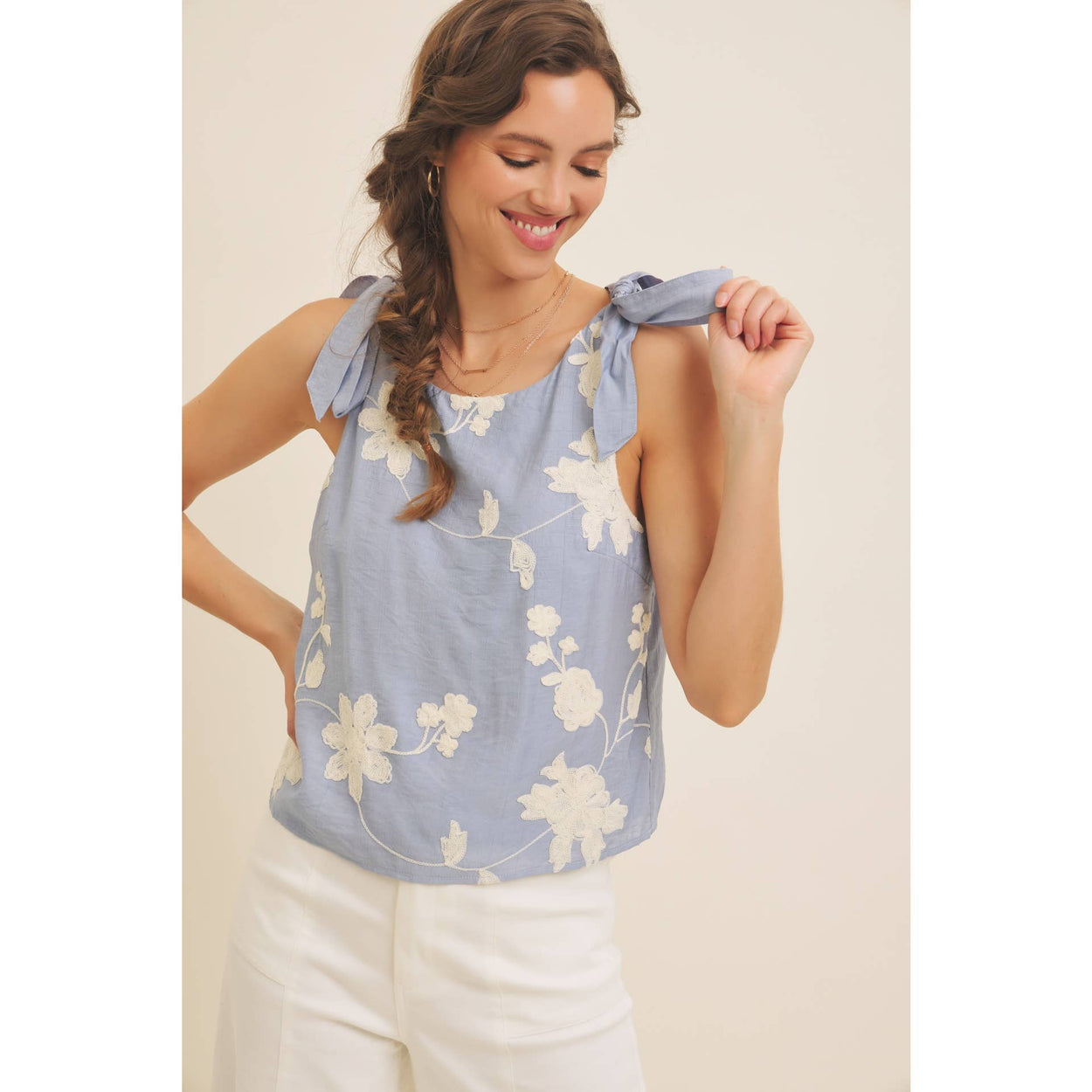 Dusty Blue Blouse Top With Bow Straps