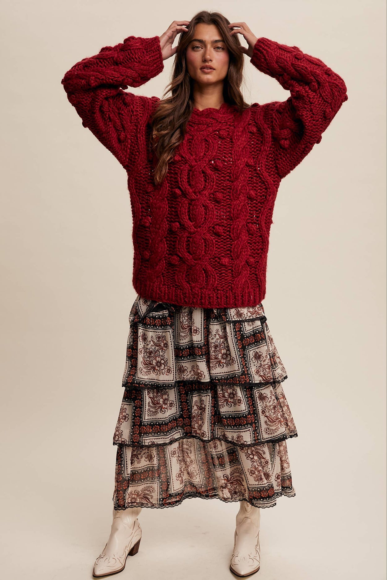 Red Chunky Cable Knit Sweater