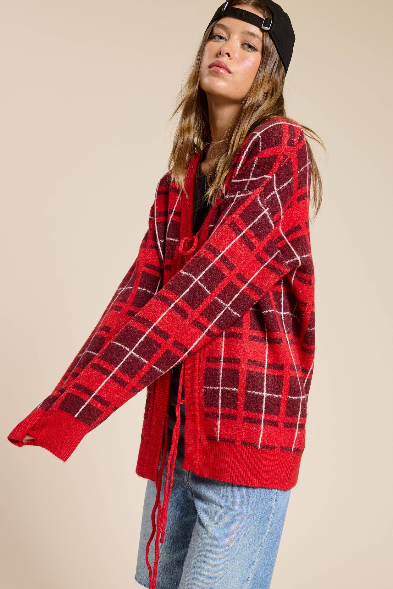 Red Plaid Tie-Front Cardigan Sweater