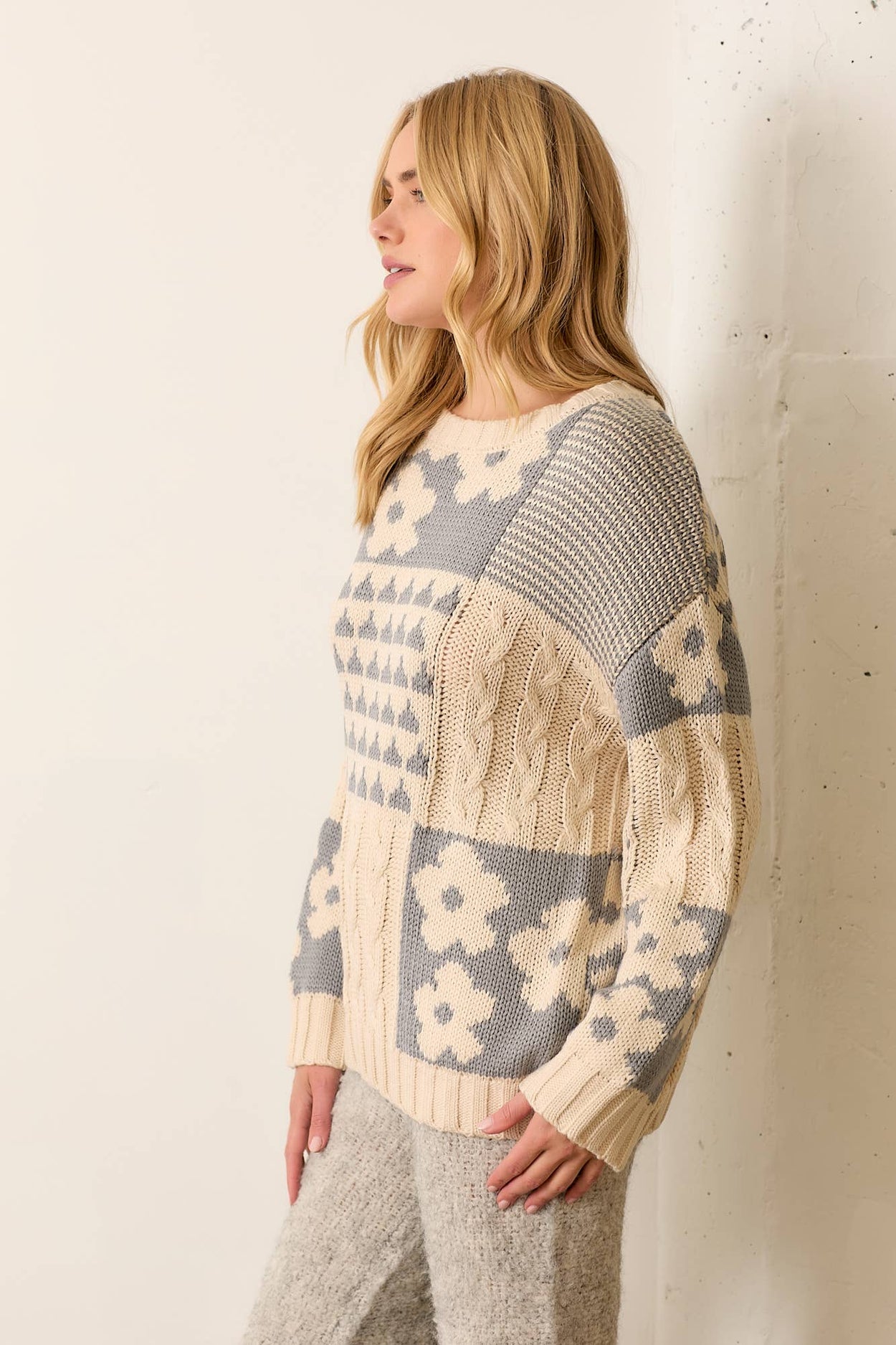Plus Cream & Grey Jacquard Pullover Sweater