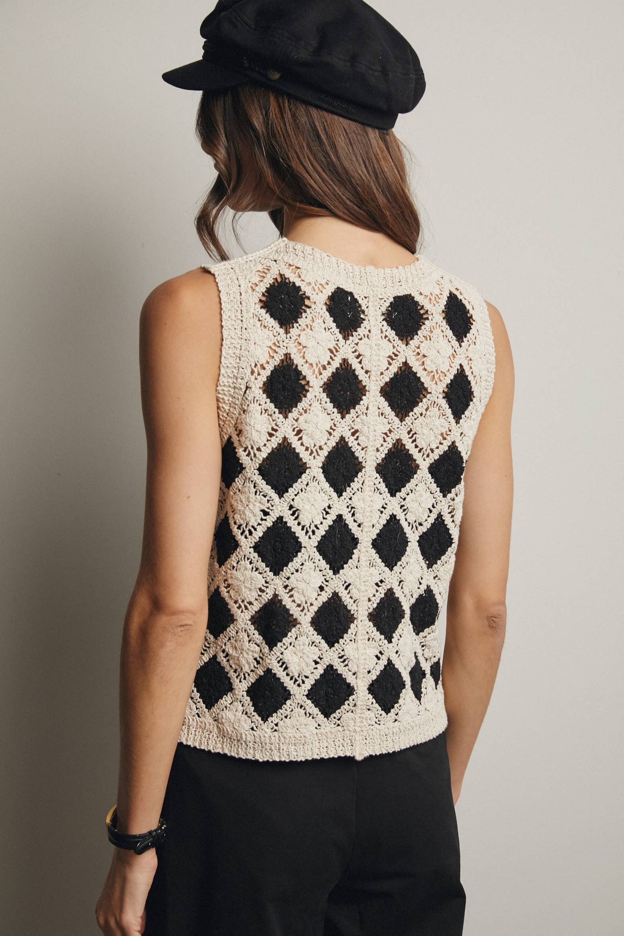 Black Crochet Diamond Pattern Vest