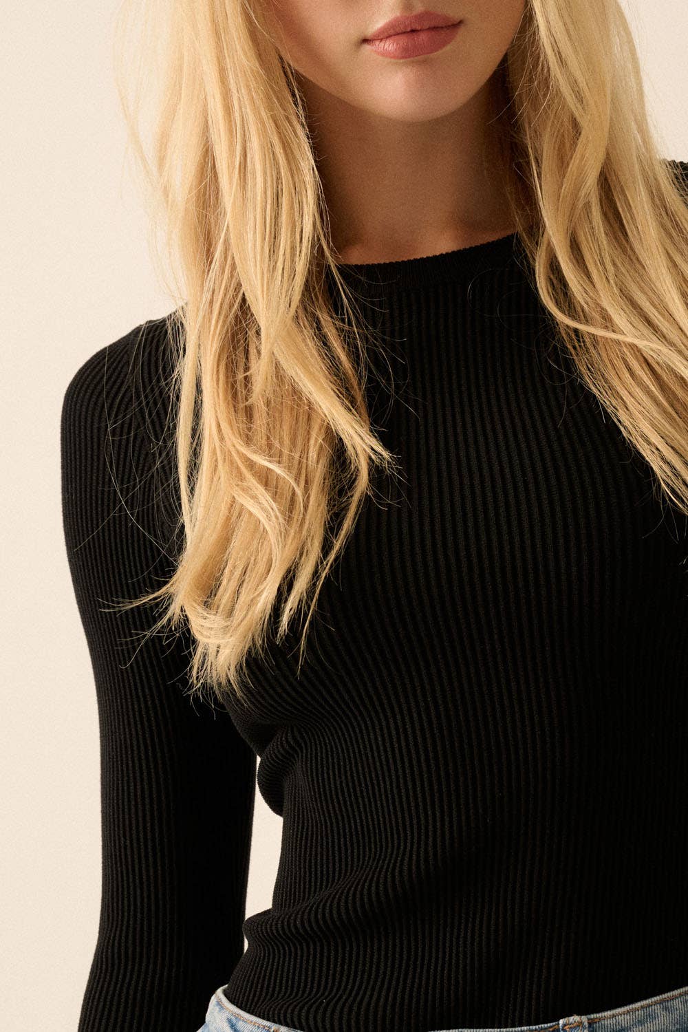 Black Shaper Fit Solid Rib-Knit Top