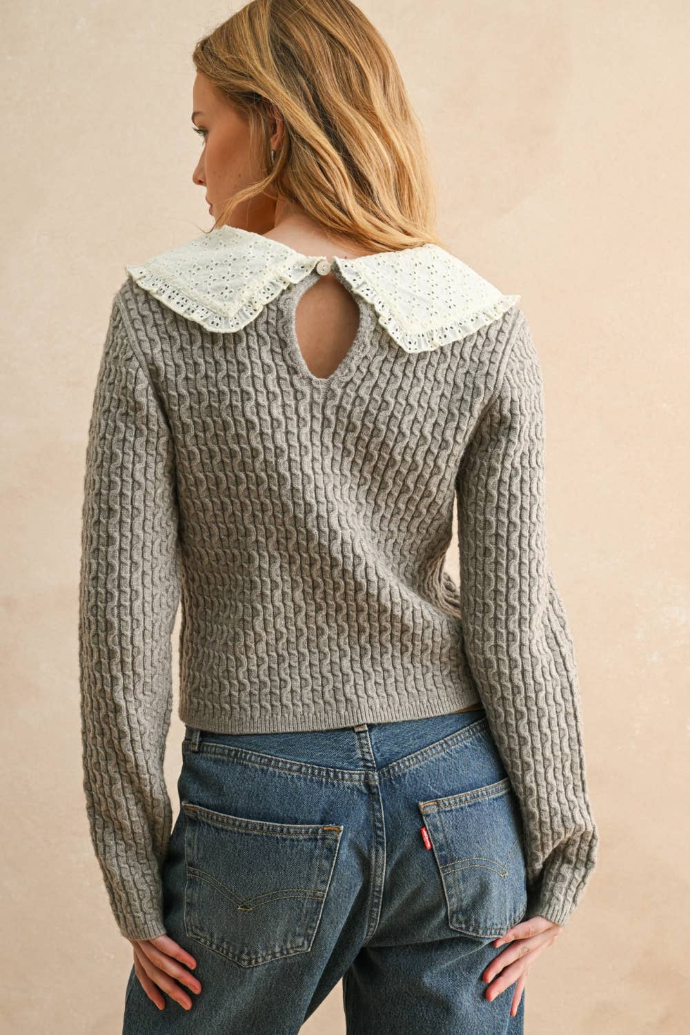 Grey Cable Knit With Crochet Collar