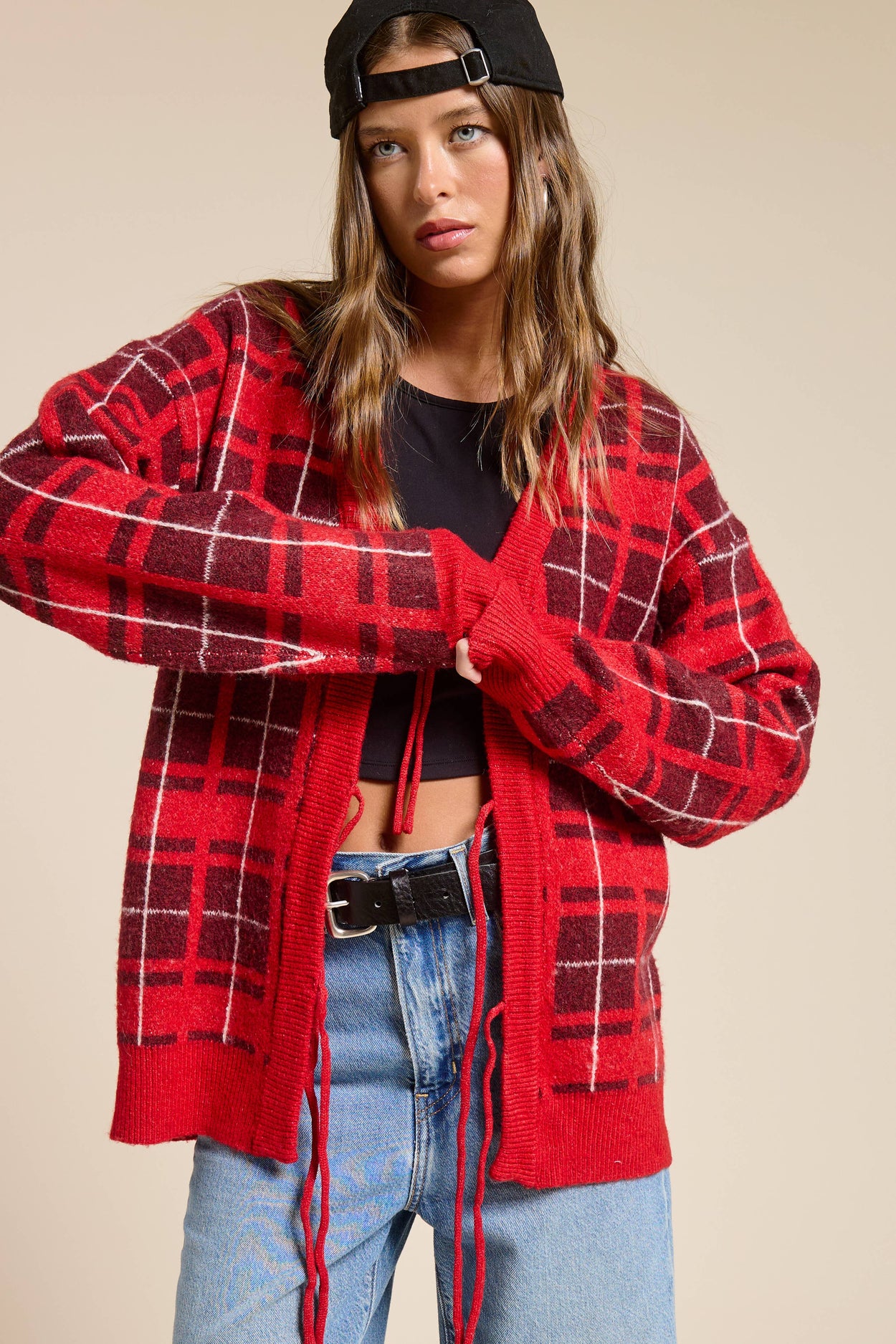 Red Plaid Tie-Front Cardigan Sweater