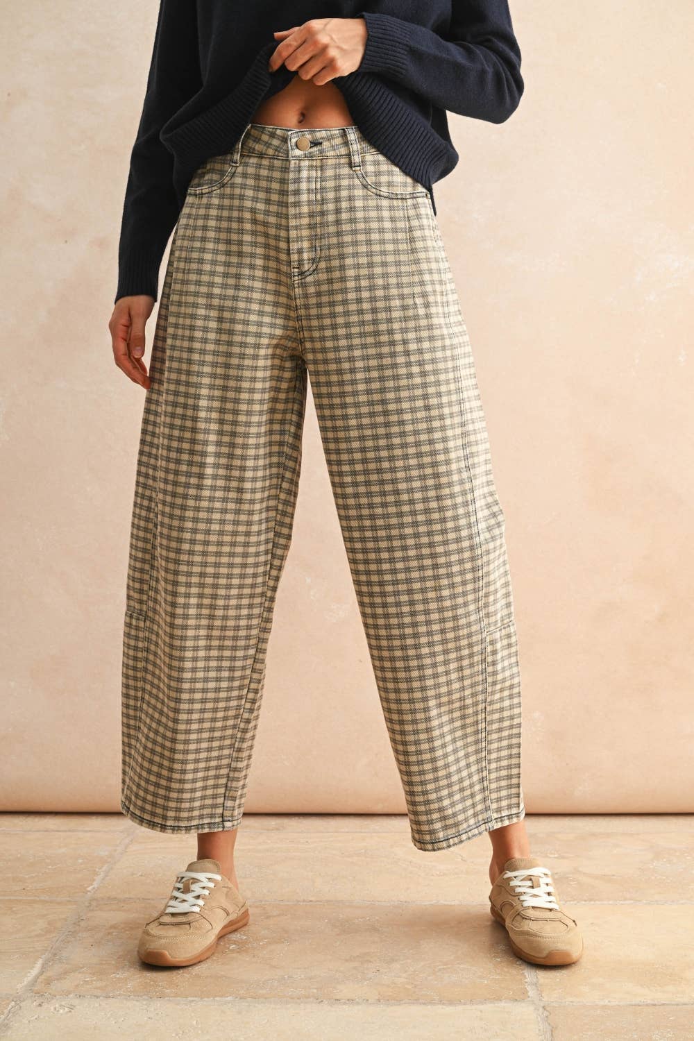 Olive Mist Mini Checker Barrel Pants