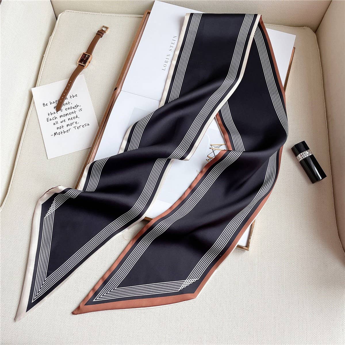 Black Thin Simple Geometric Long Silk Head Scarf