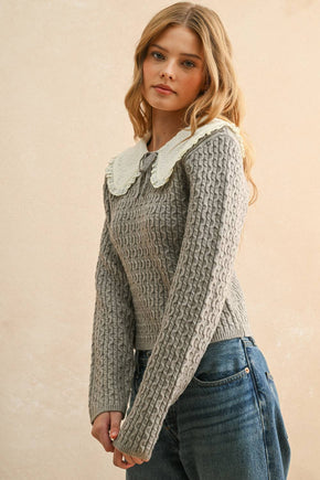 Grey Cable Knit With Crochet Collar
