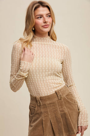 Semi Sheer Textured Lace Long-Sleeve Layering Top