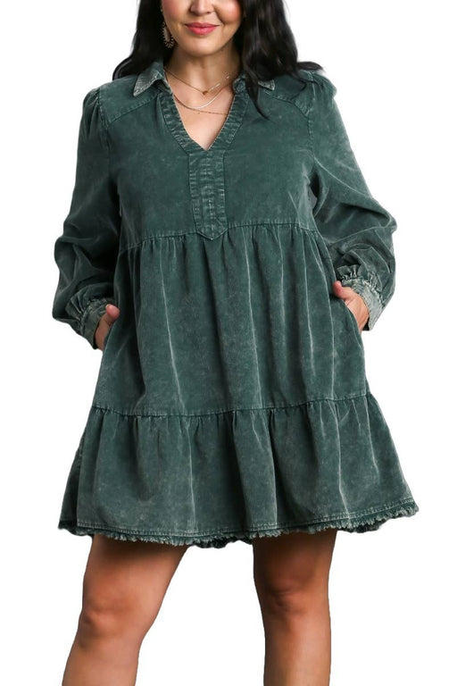 Plus Hunter Green Corduroy Tiered Dress