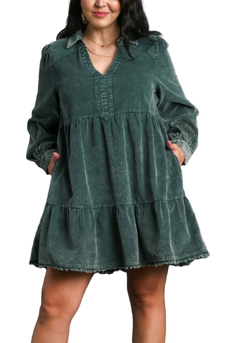 Plus Hunter Green Corduroy Tiered Dress
