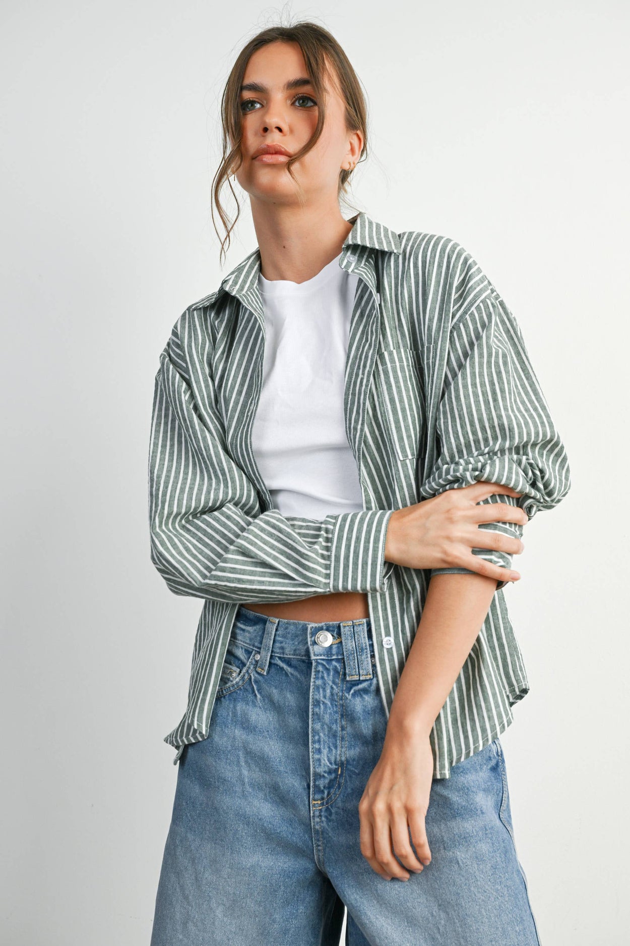 Green Striped Button-Up Top