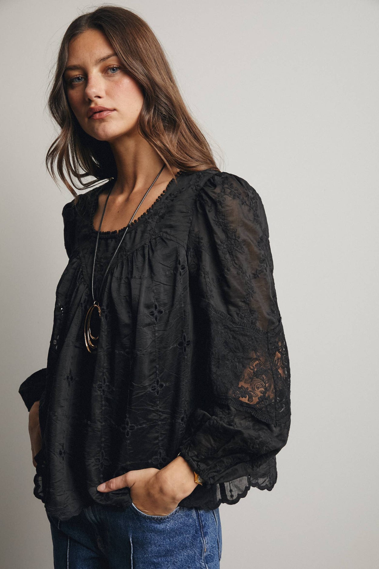 Black Embroidered Lace Puff Sleeve Blouse