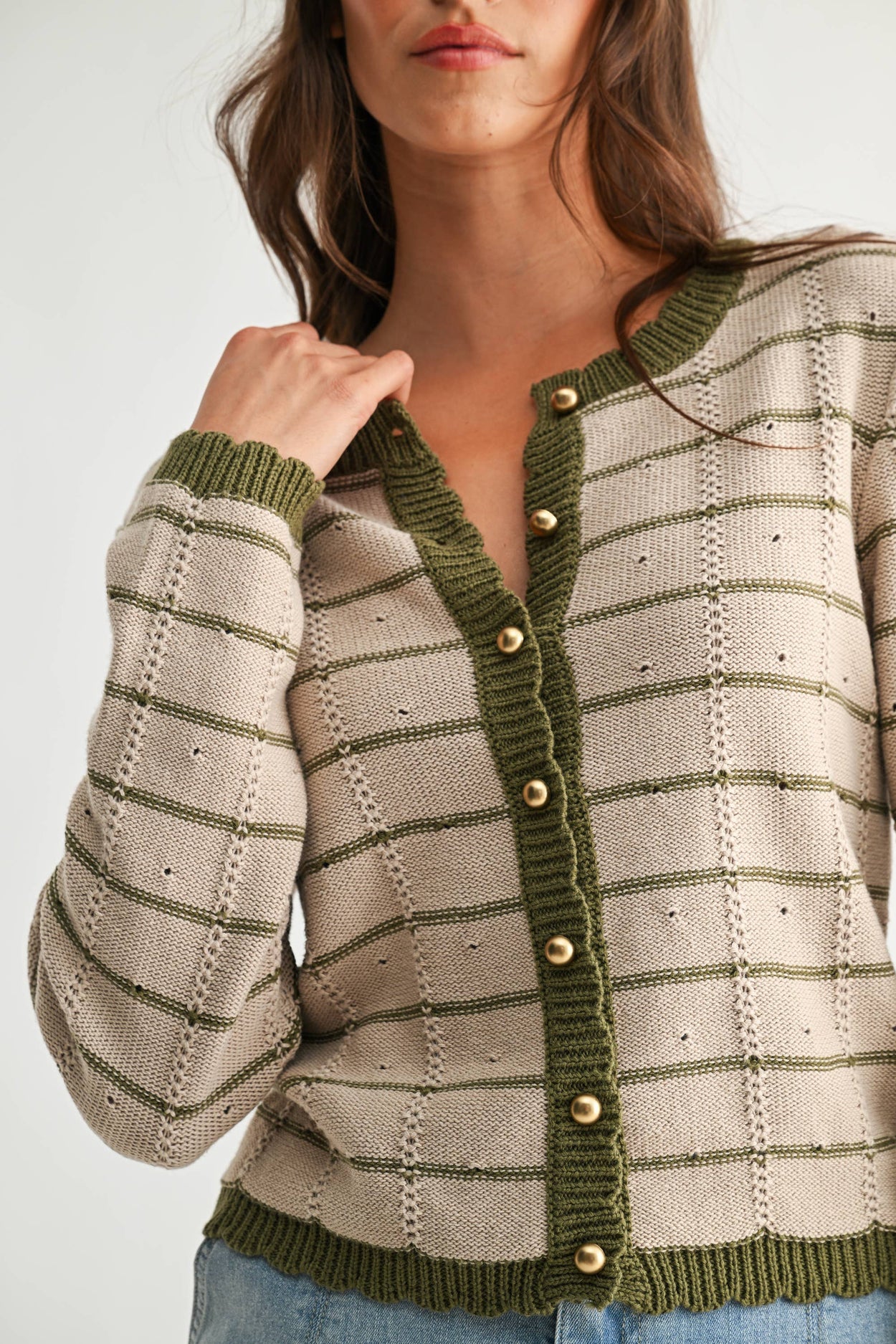 Taupe & Olive Trim Button-Up Cardigan