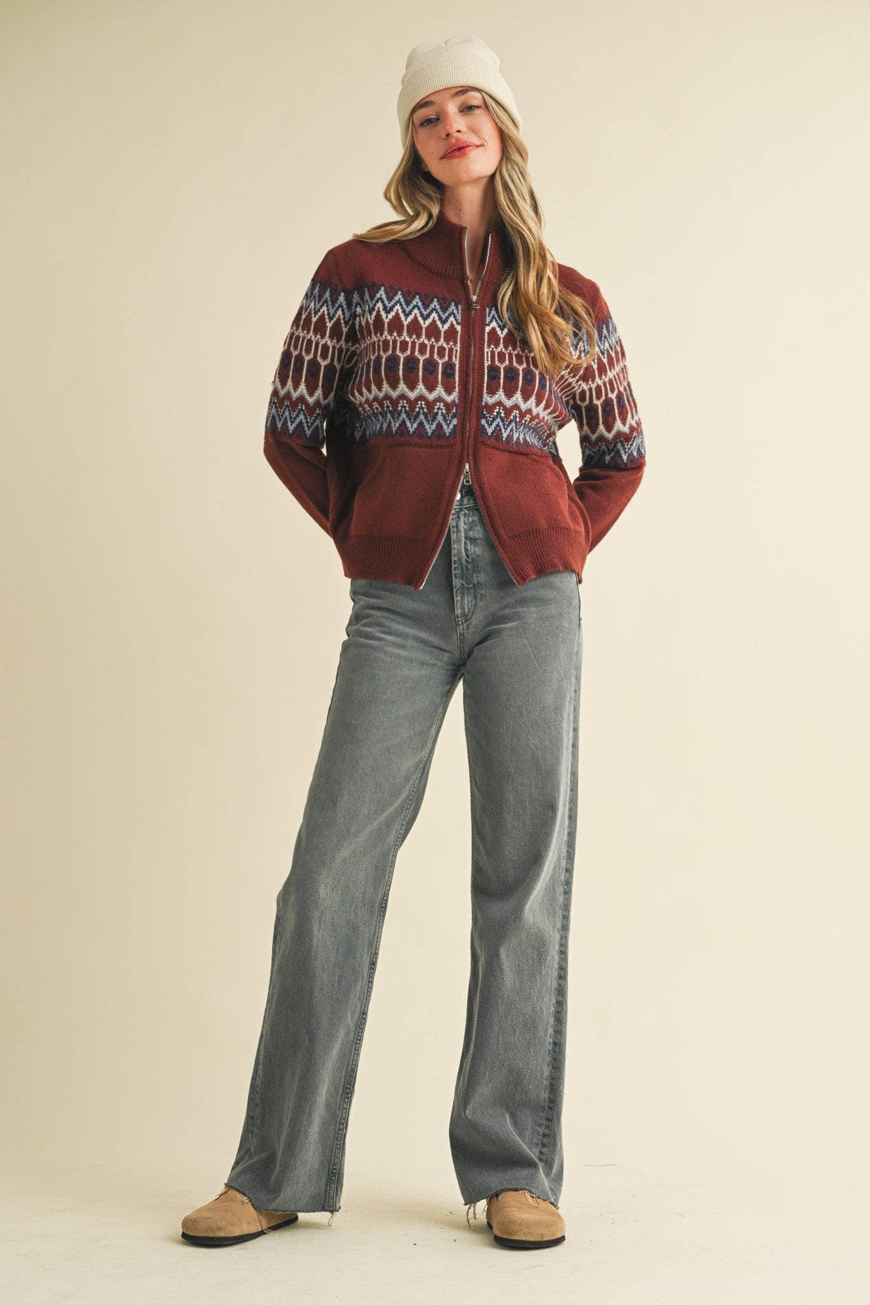 Cocoa Brown Fair Isle Zip Up Sweater