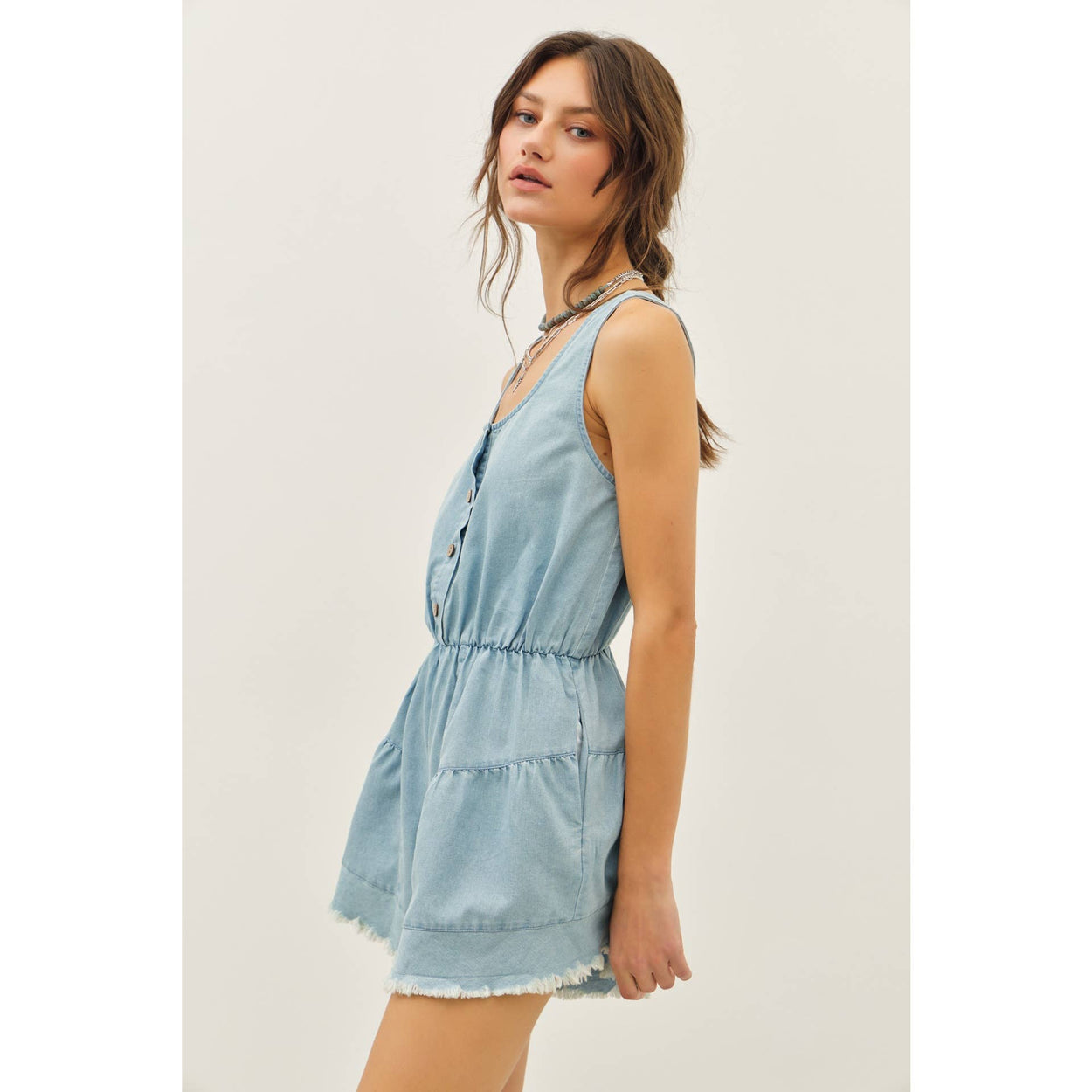 Denim Romper With Distressed Detailing
