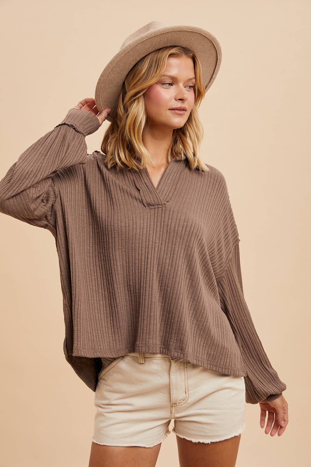 Dark Taupe Quarter Split Ribbed Polo Top