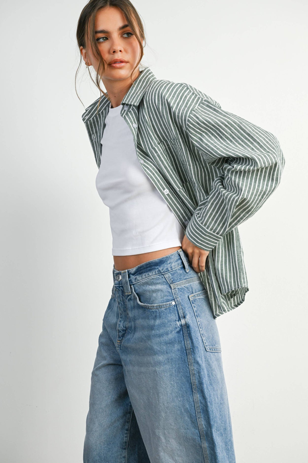 Green Striped Button-Up Top