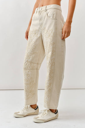 Beige Embroidered Cotton Pants