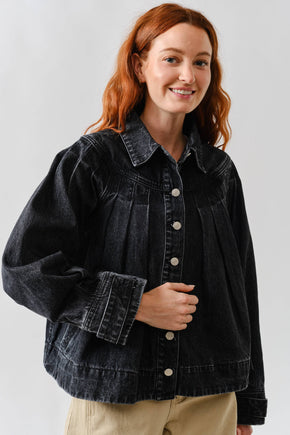Washed Black Pleated Denim Jacket