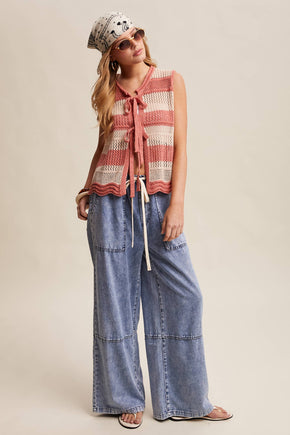 Coral Red Striped Crochet Tie-Front Knit Vest