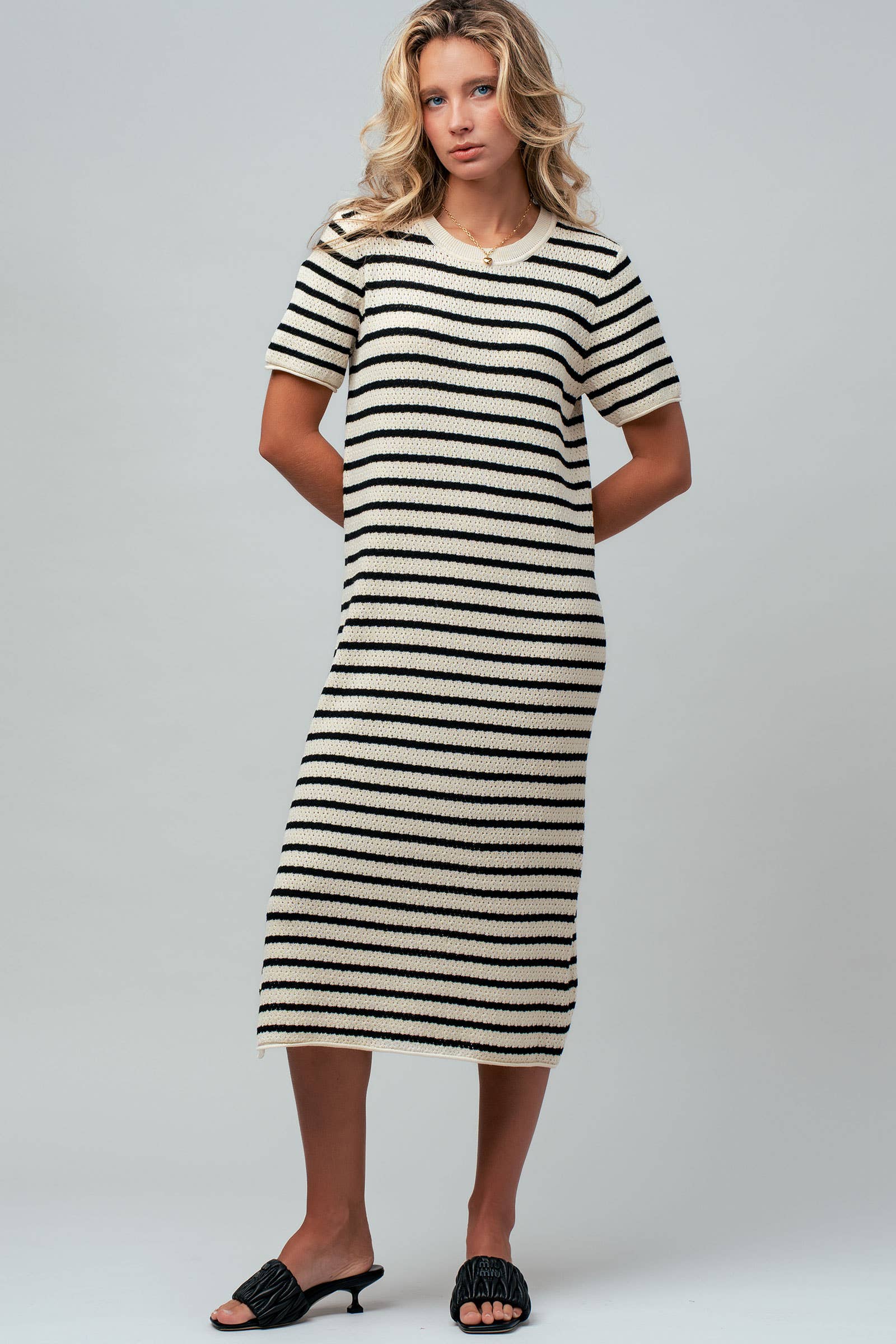 Ivory & Black Striped Crochet Knit Dress