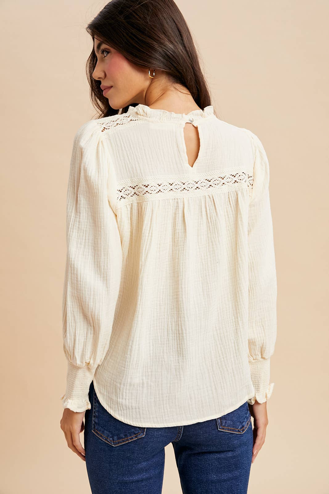 Buttercream Ruffled Gauze Blouse With Lace Insets