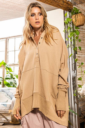 Cream French Terry Oversized Solid Hoodie Top