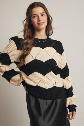 Black Wave Knit Chevron Pullover