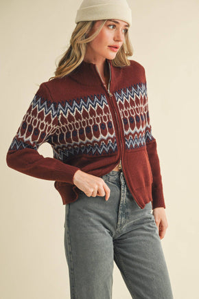 Cocoa Brown Fair Isle Zip Up Sweater