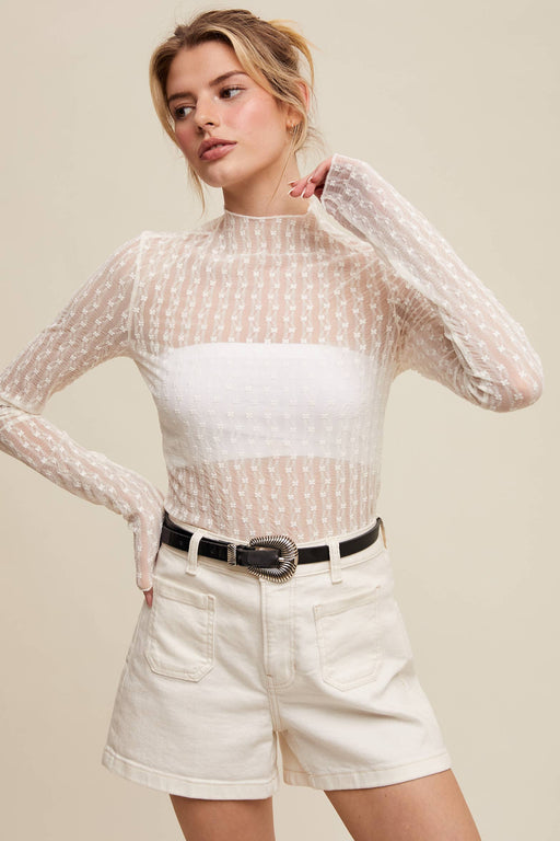 Semi Sheer Textured Lace Long-Sleeve Layering Top